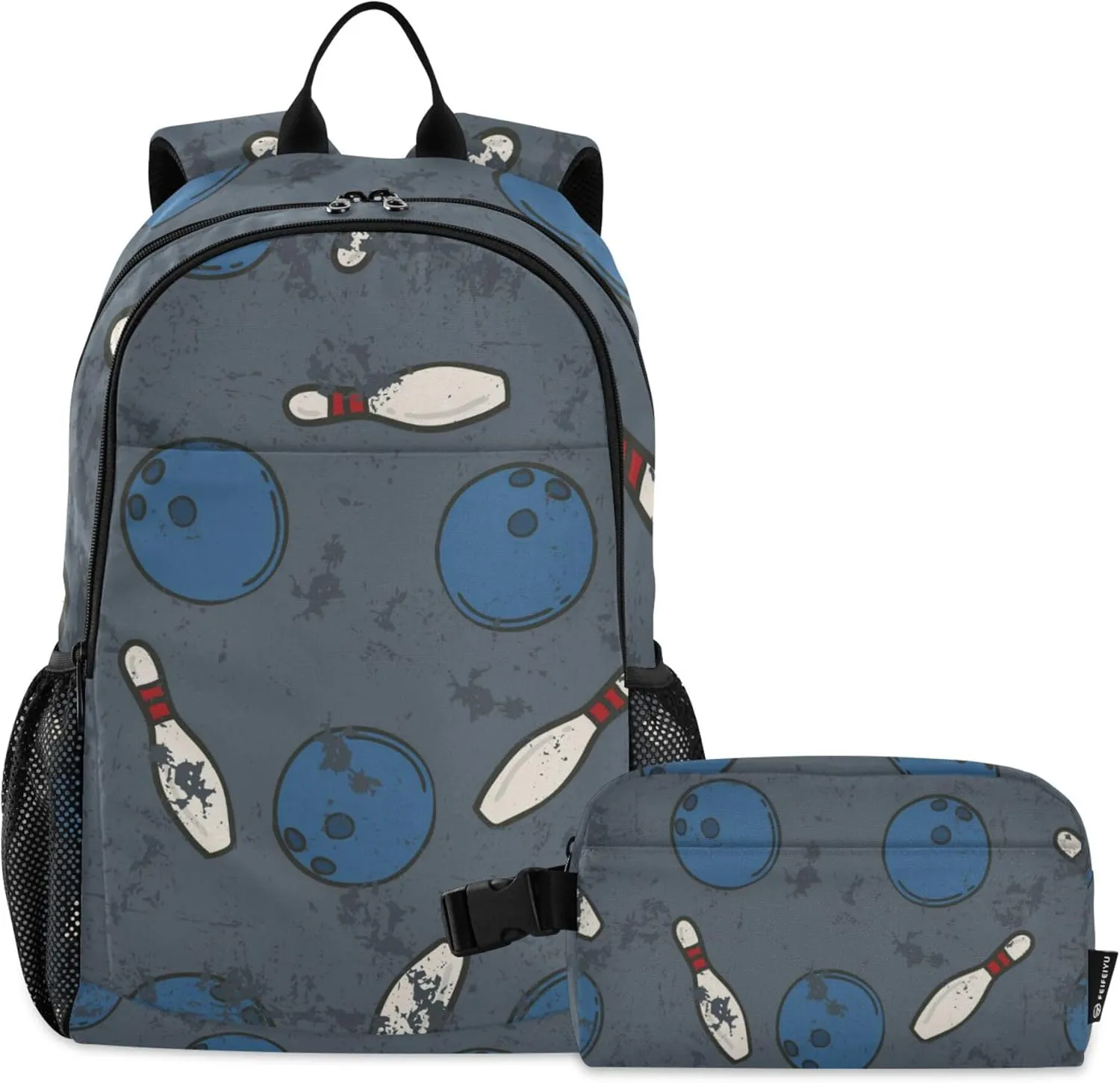 Vintage Bowling Backpack with Lunch Bag, School Backpack for Teens Boys Girls Kids Travel Backpacks Set