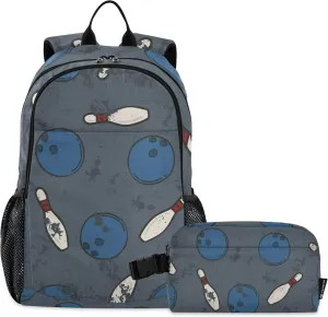 Vintage Bowling Backpack with Lunch Bag, School Backpack for Teens Boys Girls Kids Travel Backpacks Set
