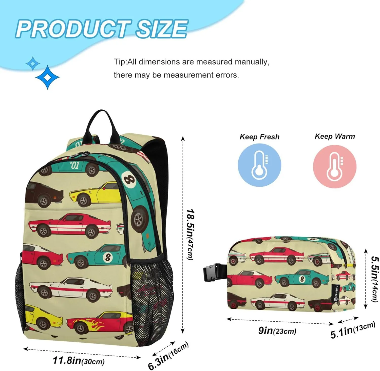 Vintage Car Racecar Backpack with Lunch Bag, School Backpack for Teens Boys Girls Kids Backpacks Set