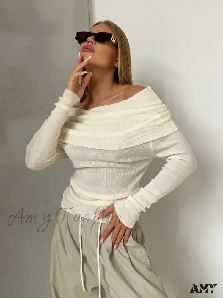Wolfeel Women Knitted Wool T-shirt Slim Fit Long Sleeve Off Shoulder Sweater