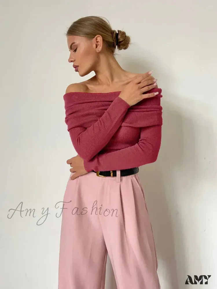 Wolfeel Women Knitted Wool T-shirt Slim Fit Long Sleeve Off Shoulder Sweater