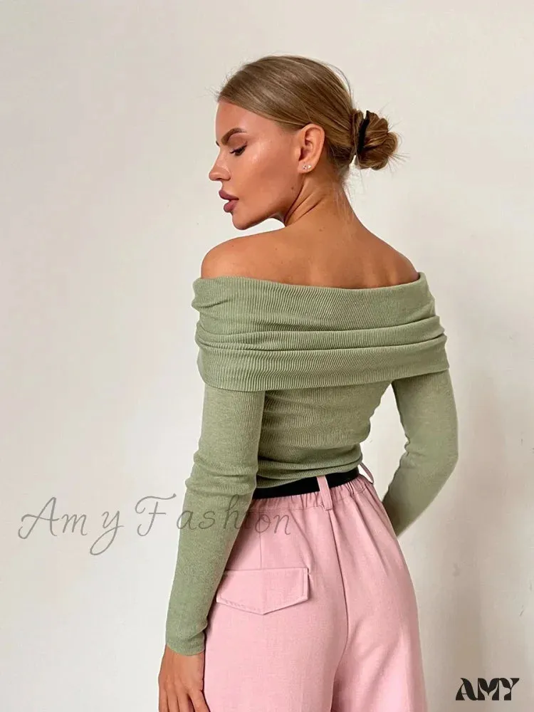 Wolfeel Women Knitted Wool T-shirt Slim Fit Long Sleeve Off Shoulder Sweater
