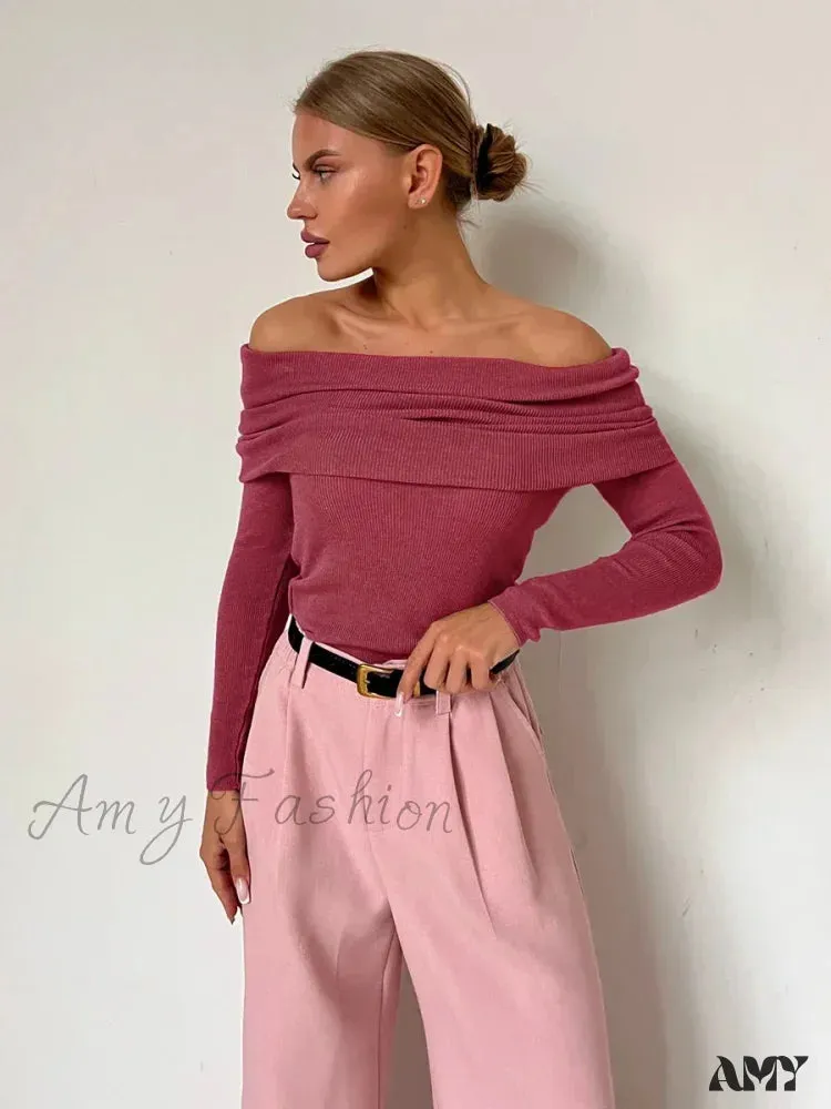 Wolfeel Women Knitted Wool T-shirt Slim Fit Long Sleeve Off Shoulder Sweater