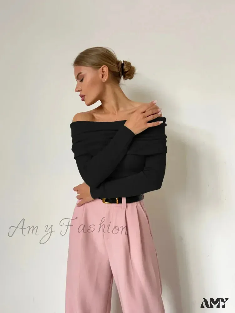 Wolfeel Women Knitted Wool T-shirt Slim Fit Long Sleeve Off Shoulder Sweater