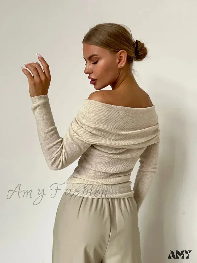 Wolfeel Women Knitted Wool T-shirt Slim Fit Long Sleeve Off Shoulder Sweater