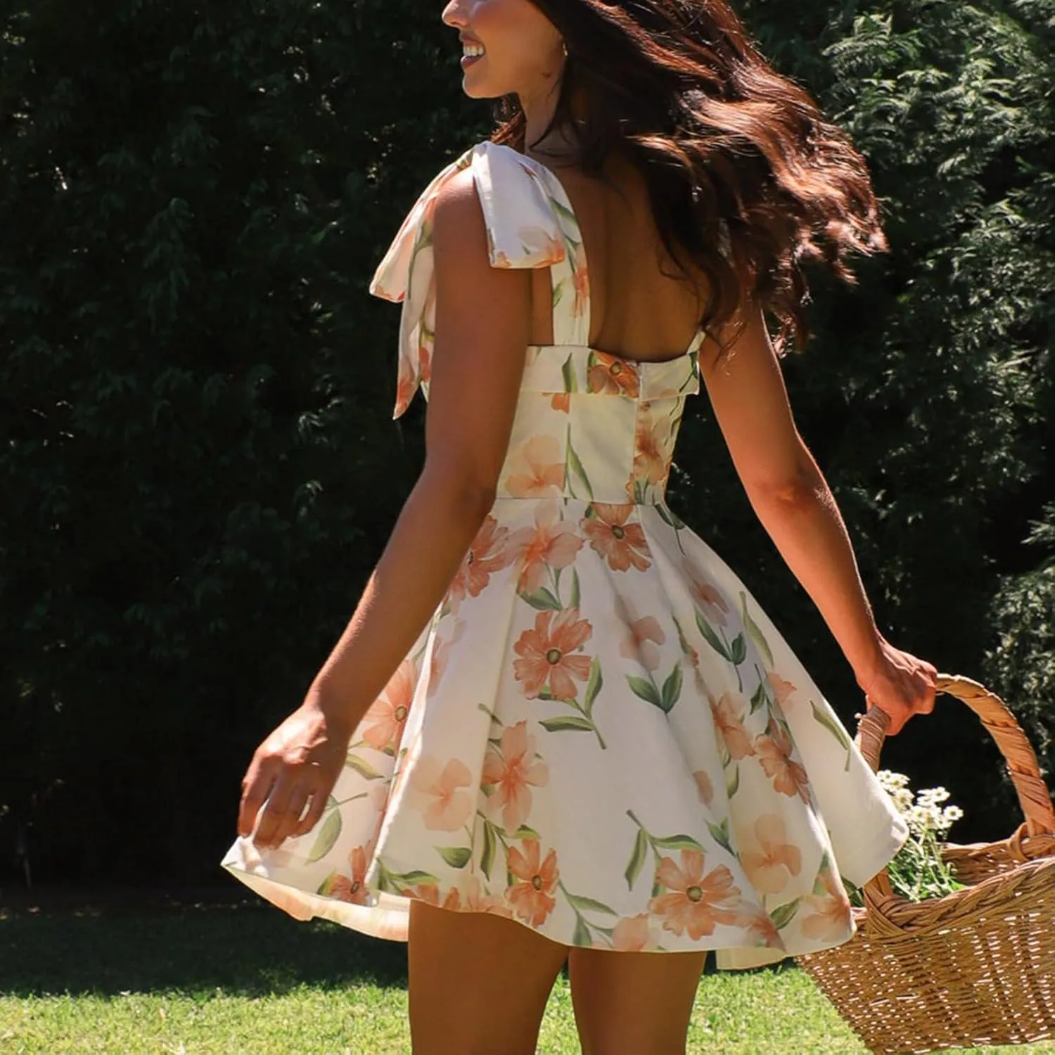 Women Floral Tie Shoulder Mini Dress Bow Ruffle Flowy Babydoll Dress Y2k Summer Boho Beach Vocation Short Sundress