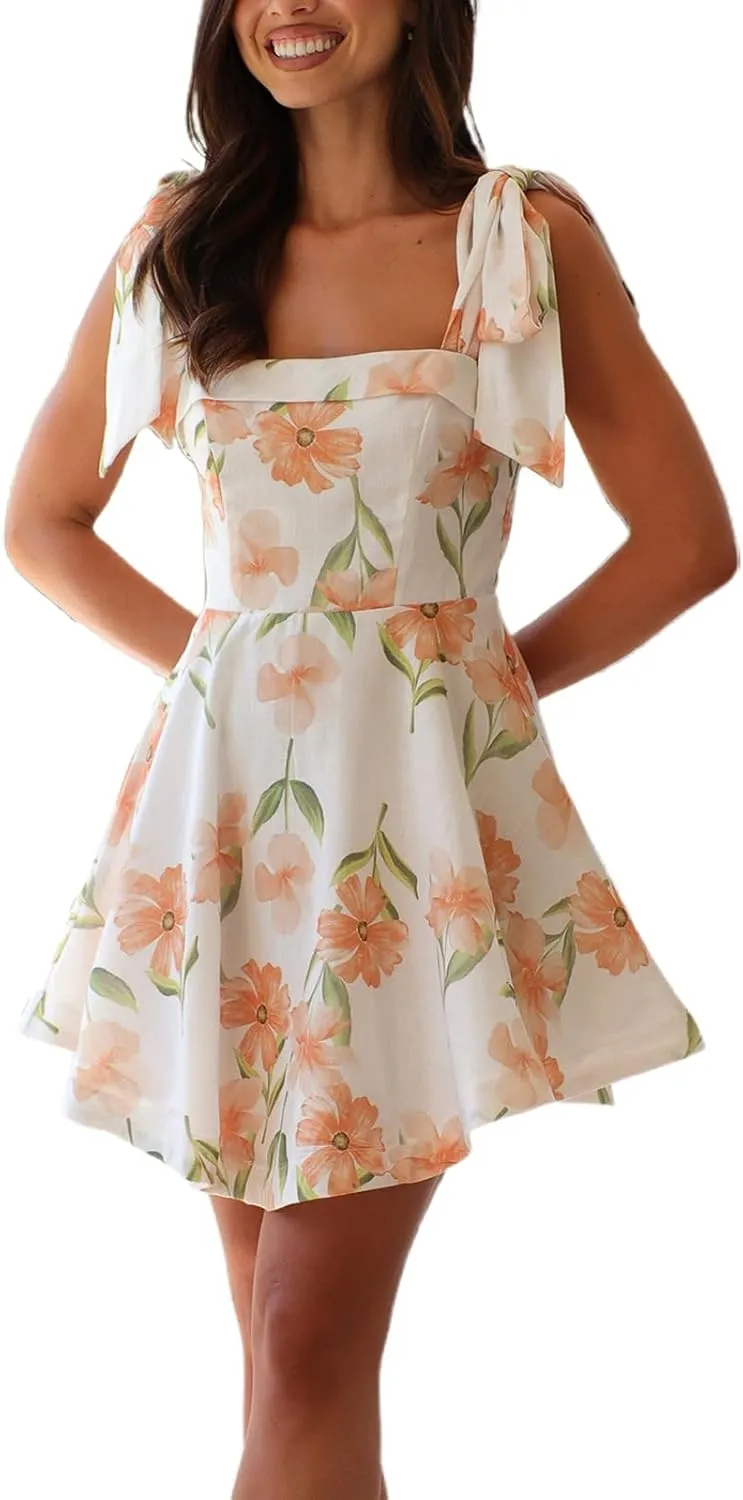 Women Floral Tie Shoulder Mini Dress Bow Ruffle Flowy Babydoll Dress Y2k Summer Boho Beach Vocation Short Sundress