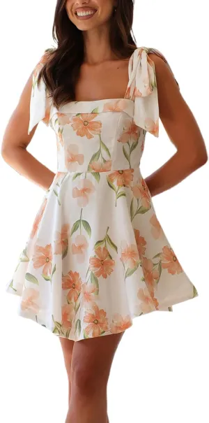 Women Floral Tie Shoulder Mini Dress Bow Ruffle Flowy Babydoll Dress Y2k Summer Boho Beach Vocation Short Sundress