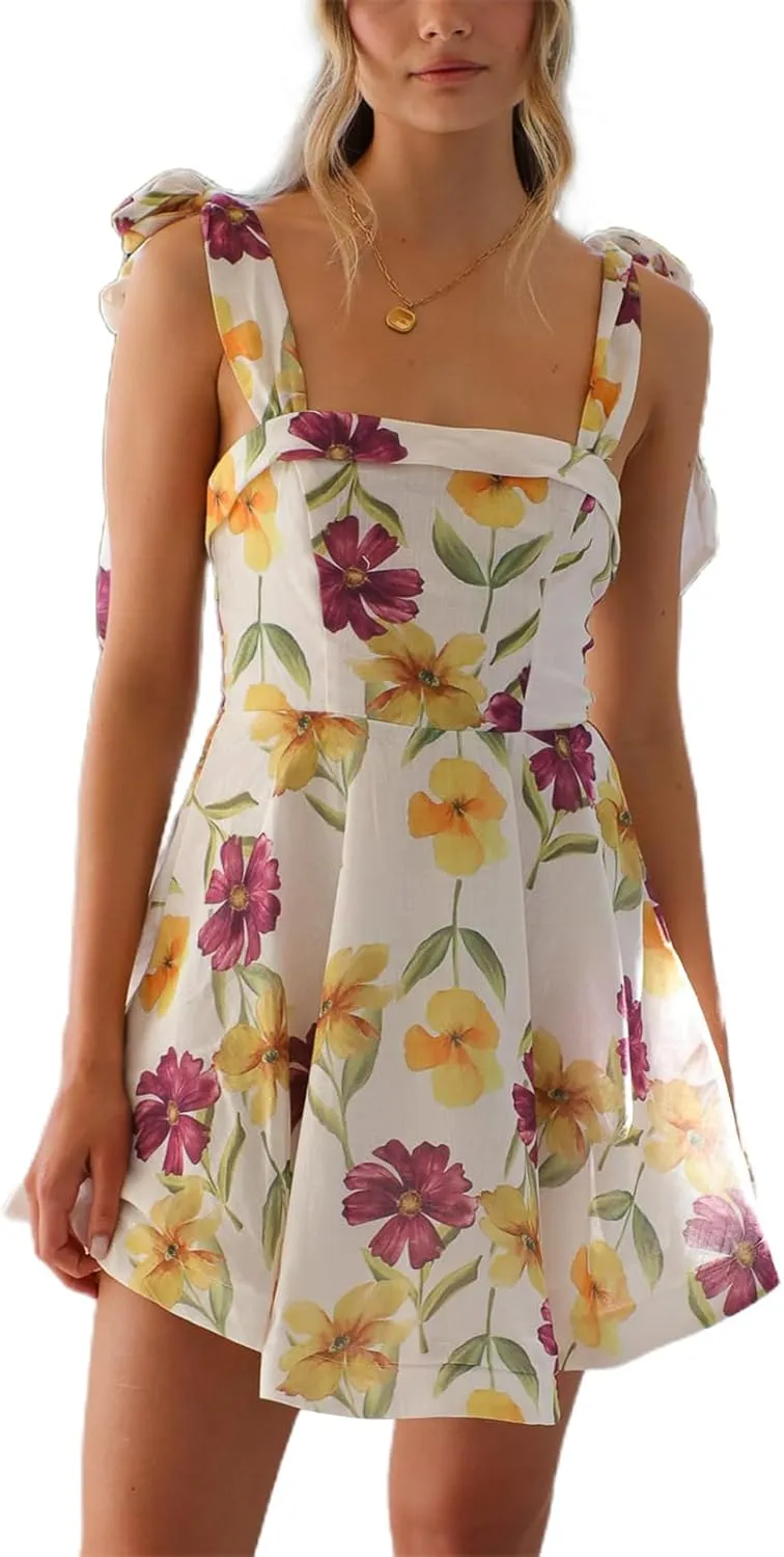 Women Floral Tie Shoulder Mini Dress Bow Ruffle Flowy Babydoll Dress Y2k Summer Boho Beach Vocation Short Sundress