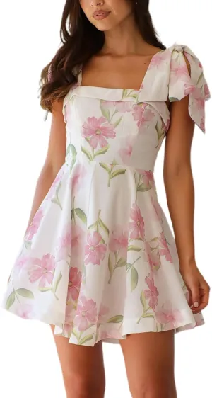 Women Floral Tie Shoulder Mini Dress Bow Ruffle Flowy Babydoll Dress Y2k Summer Boho Beach Vocation Short Sundress
