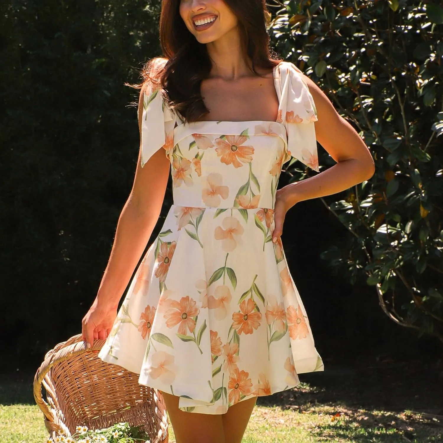 Women Floral Tie Shoulder Mini Dress Bow Ruffle Flowy Babydoll Dress Y2k Summer Boho Beach Vocation Short Sundress