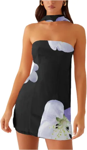 Women Sexy Floral Tube Mini Dress with Scarf Y2K Strapless Backless Short Bandeau Dress Summer Bodycon Dresses