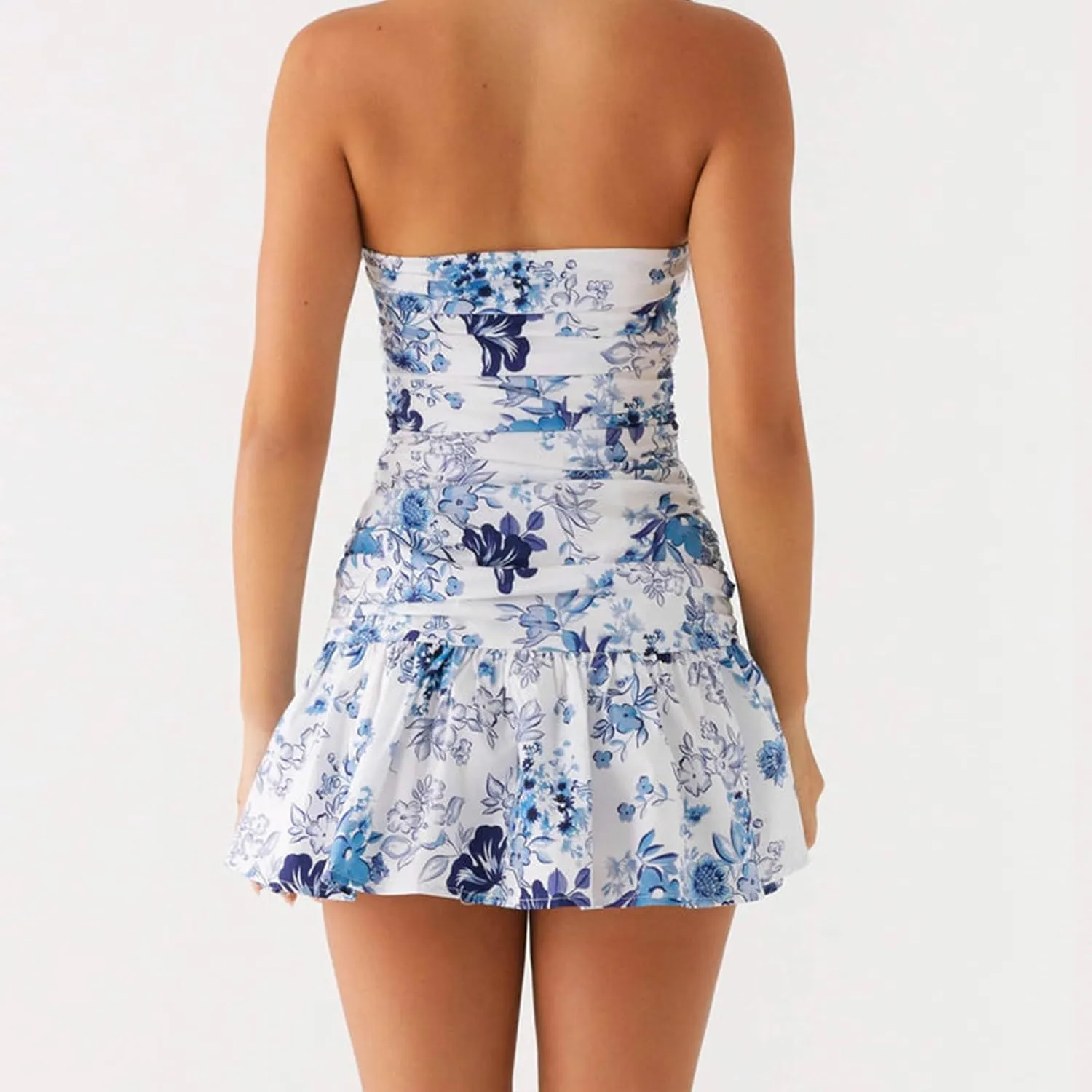 Women Sexy Floral Tube Mini Dress with Scarf Y2K Strapless Backless Short Bandeau Dress Summer Bodycon Dresses