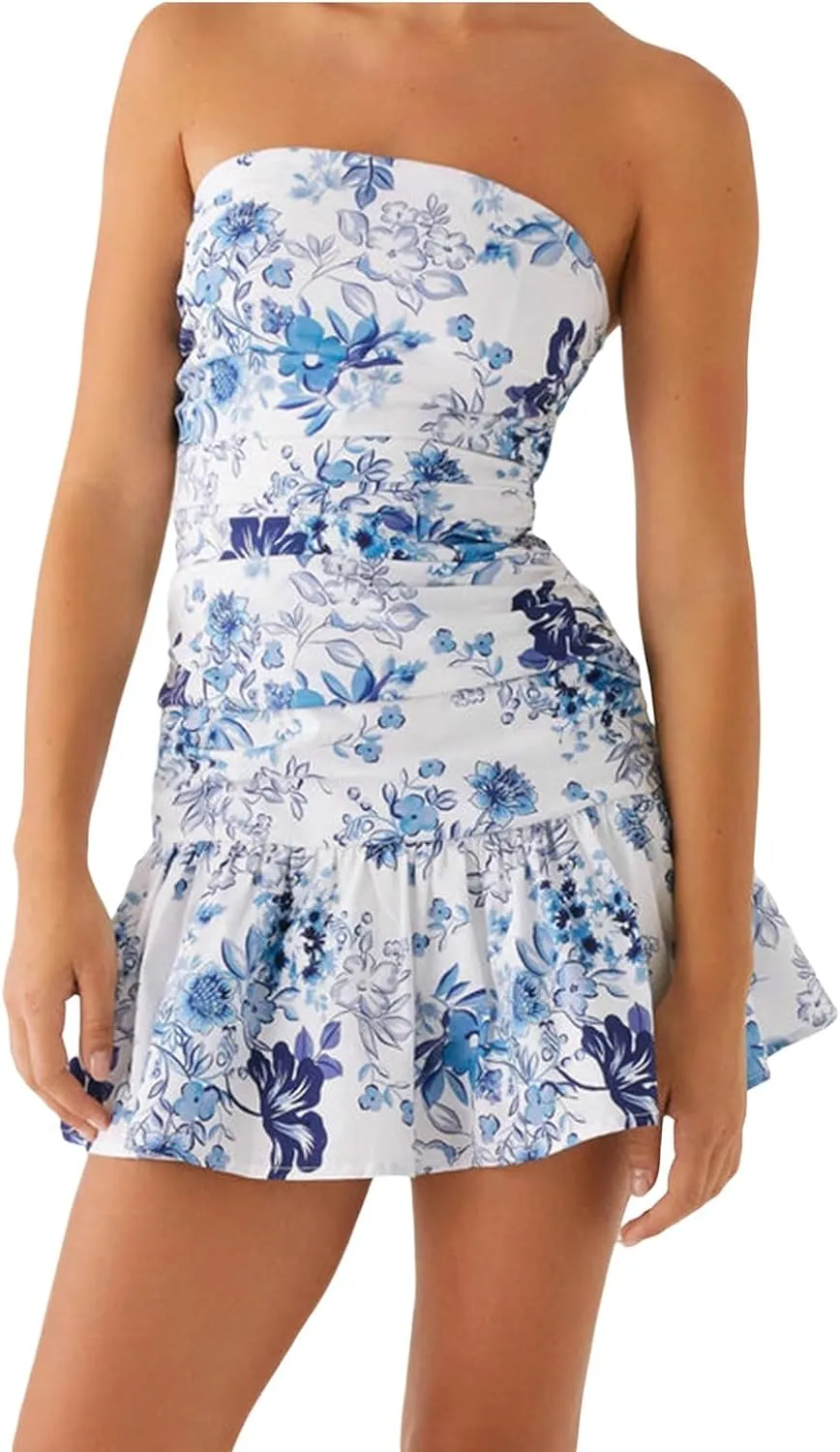 Women Sexy Floral Tube Mini Dress with Scarf Y2K Strapless Backless Short Bandeau Dress Summer Bodycon Dresses