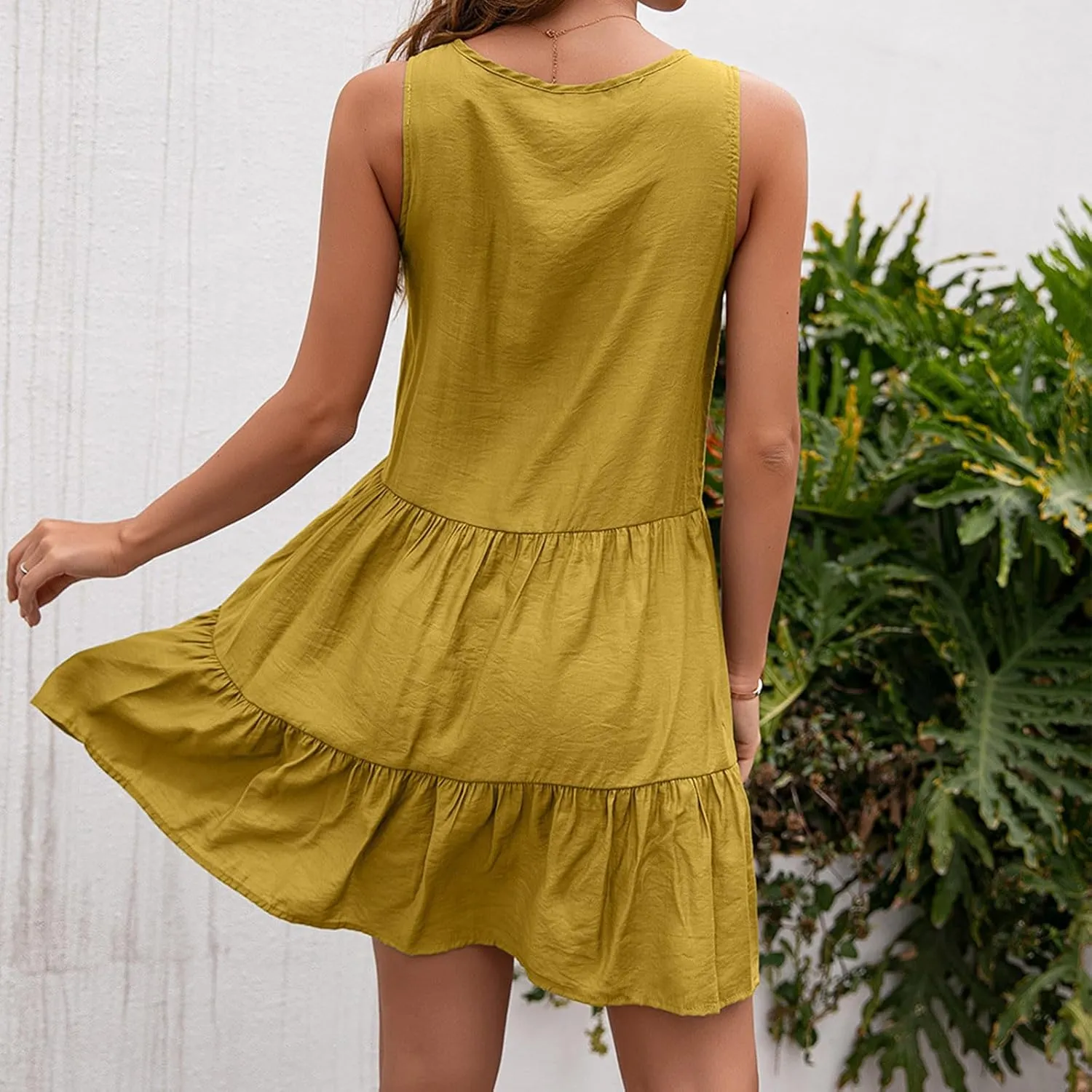 Women Summer V Neck Lace Crochet Patchwork Mini Tank Dress Sleeveless A-Line Tiered Ruffle Boho Beach Vacation Sundress