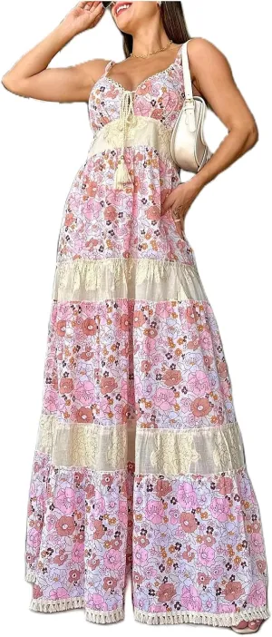Women Y2K Floral Smocked Maxi Dress V Neck Patchwork Lace Flowy Cami Long Dress Cute Boho Tiered Beach Sundress