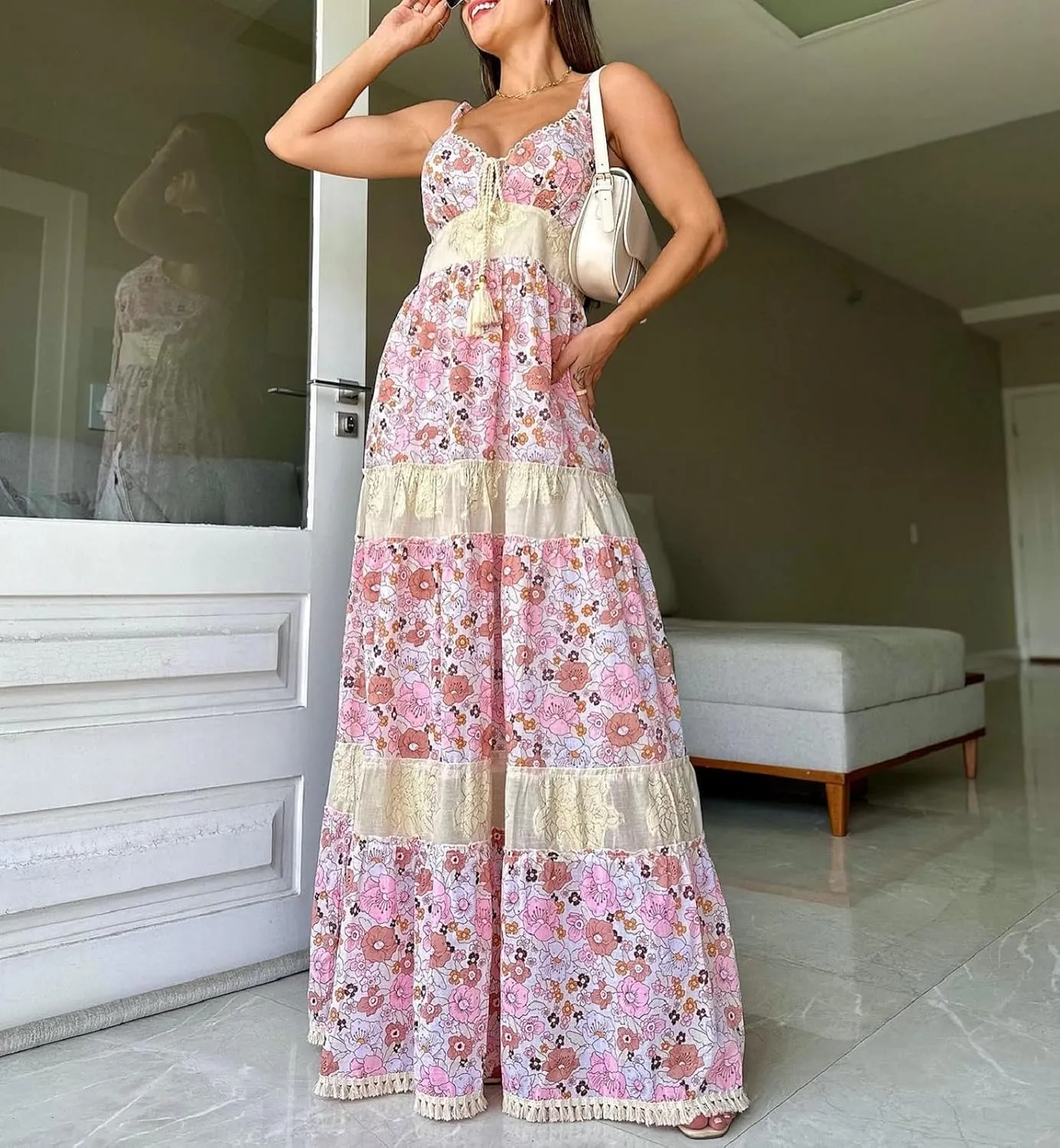 Women Y2K Floral Smocked Maxi Dress V Neck Patchwork Lace Flowy Cami Long Dress Cute Boho Tiered Beach Sundress