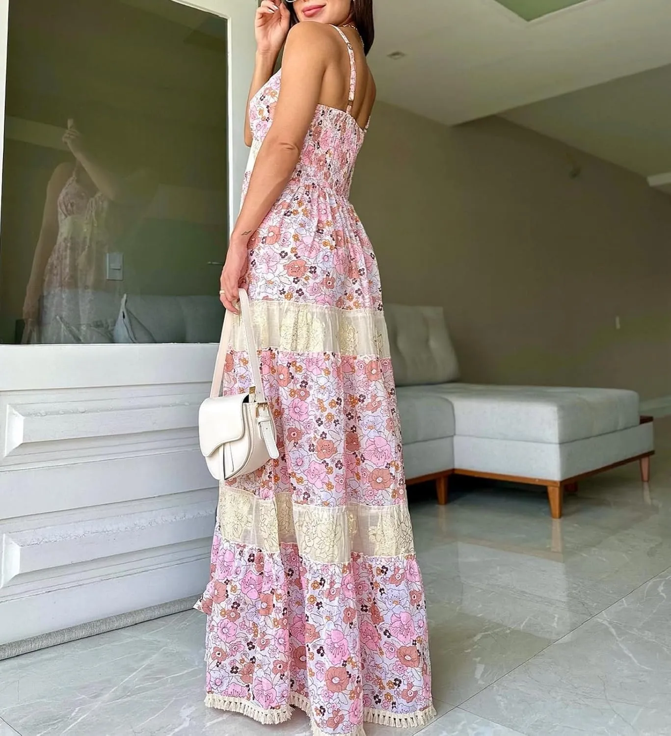 Women Y2K Floral Smocked Maxi Dress V Neck Patchwork Lace Flowy Cami Long Dress Cute Boho Tiered Beach Sundress