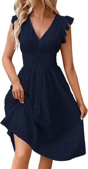 Women's 2025 Eyelet Lace Embroidery Smocked Waist Party Dresses Sexy Flutter Sleeve A Line Midi Long Summer Sundress