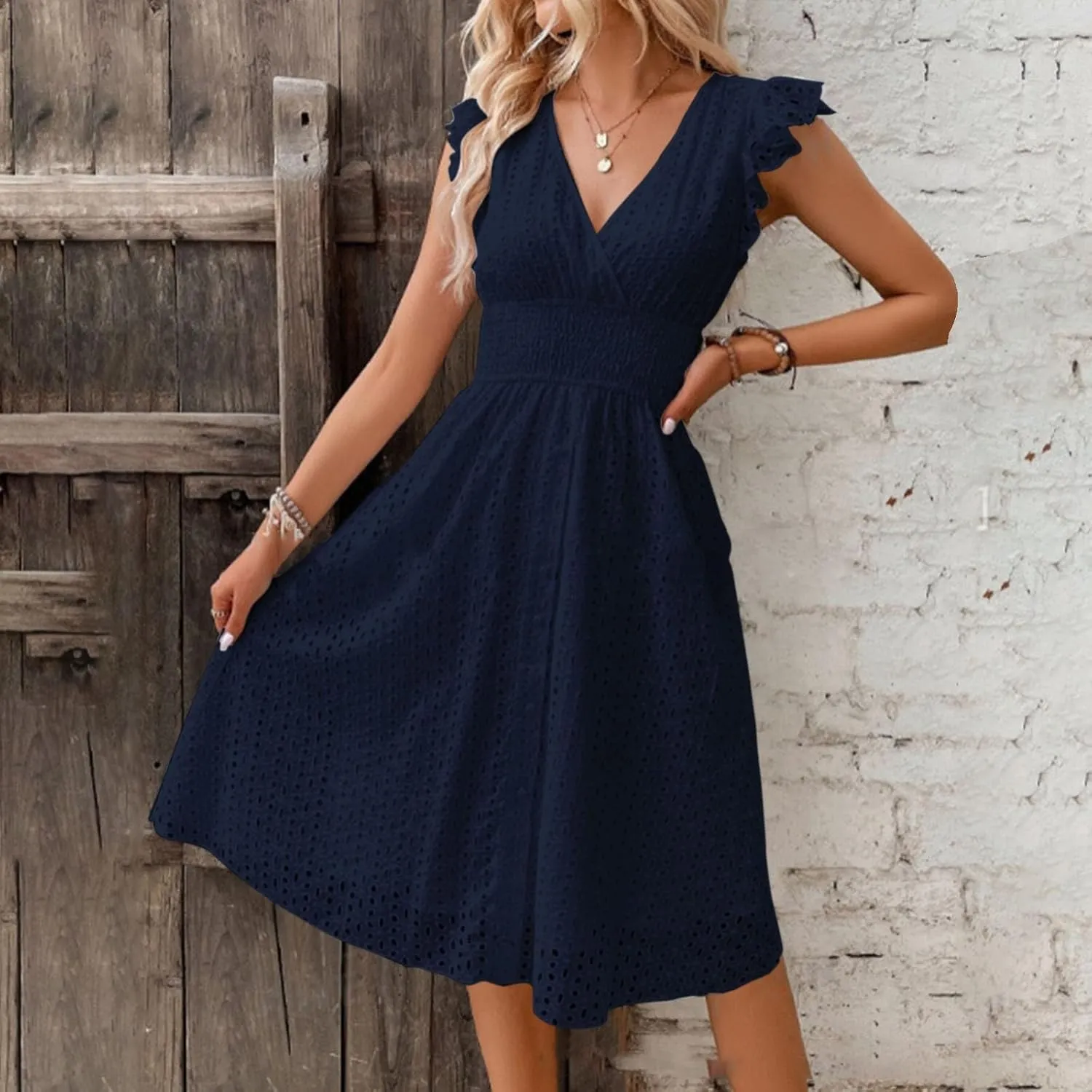 Women's 2025 Eyelet Lace Embroidery Smocked Waist Party Dresses Sexy Flutter Sleeve A Line Midi Long Summer Sundress