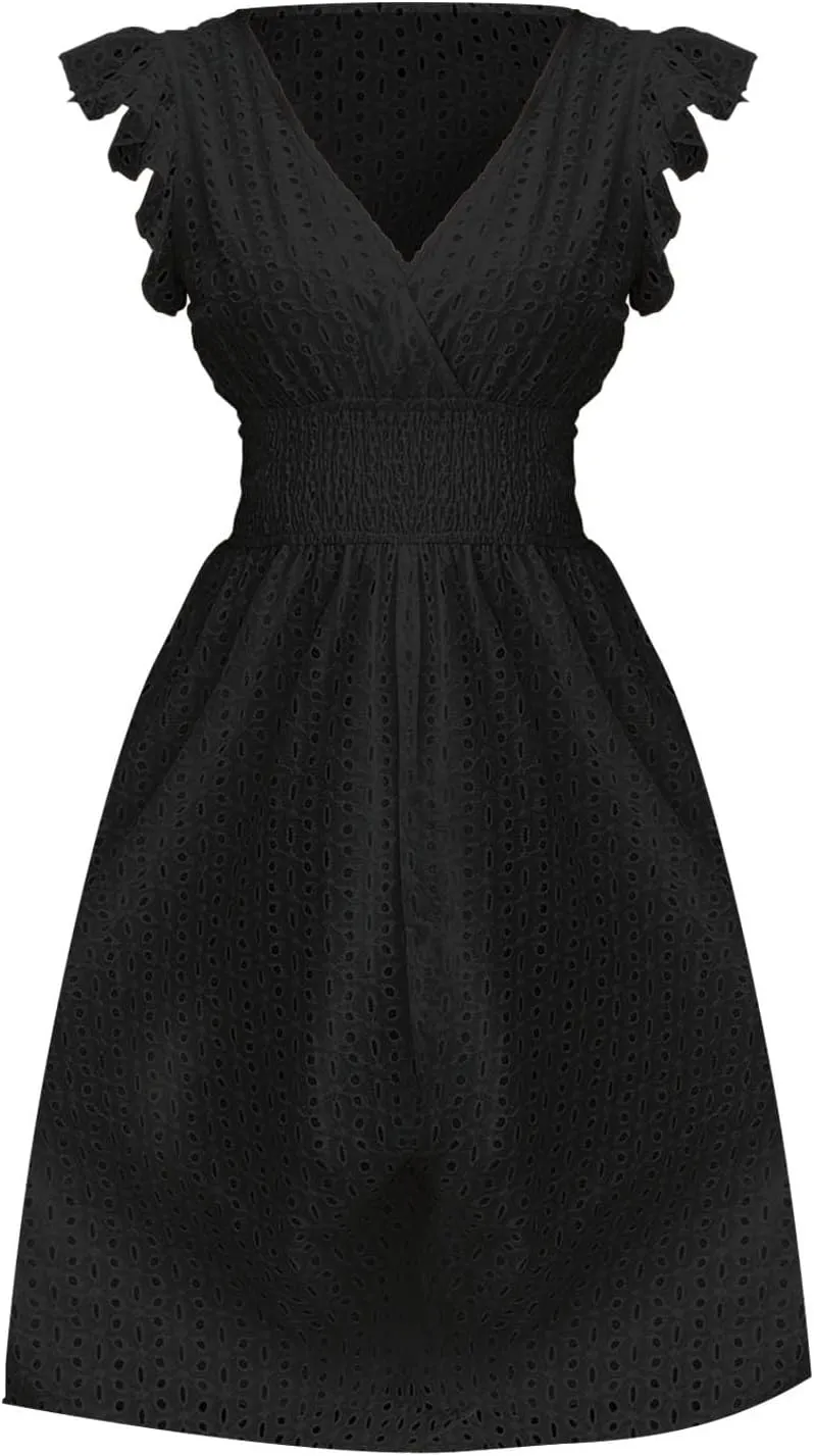 Women's 2025 Eyelet Lace Embroidery Smocked Waist Party Dresses Sexy Flutter Sleeve A Line Midi Long Summer Sundress
