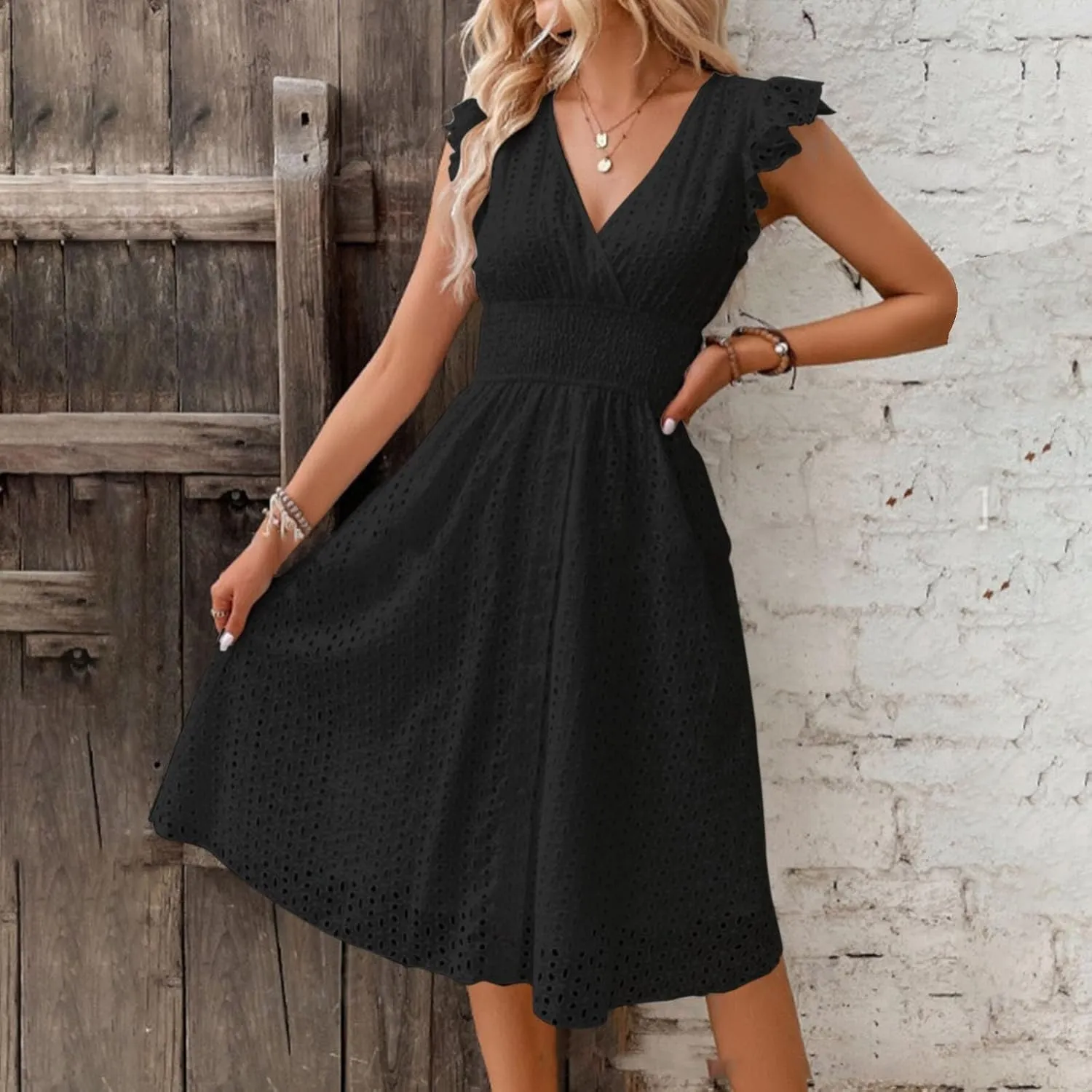 Women's 2025 Eyelet Lace Embroidery Smocked Waist Party Dresses Sexy Flutter Sleeve A Line Midi Long Summer Sundress