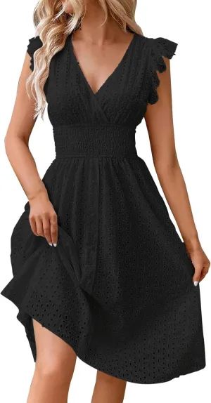 Women's 2025 Eyelet Lace Embroidery Smocked Waist Party Dresses Sexy Flutter Sleeve A Line Midi Long Summer Sundress