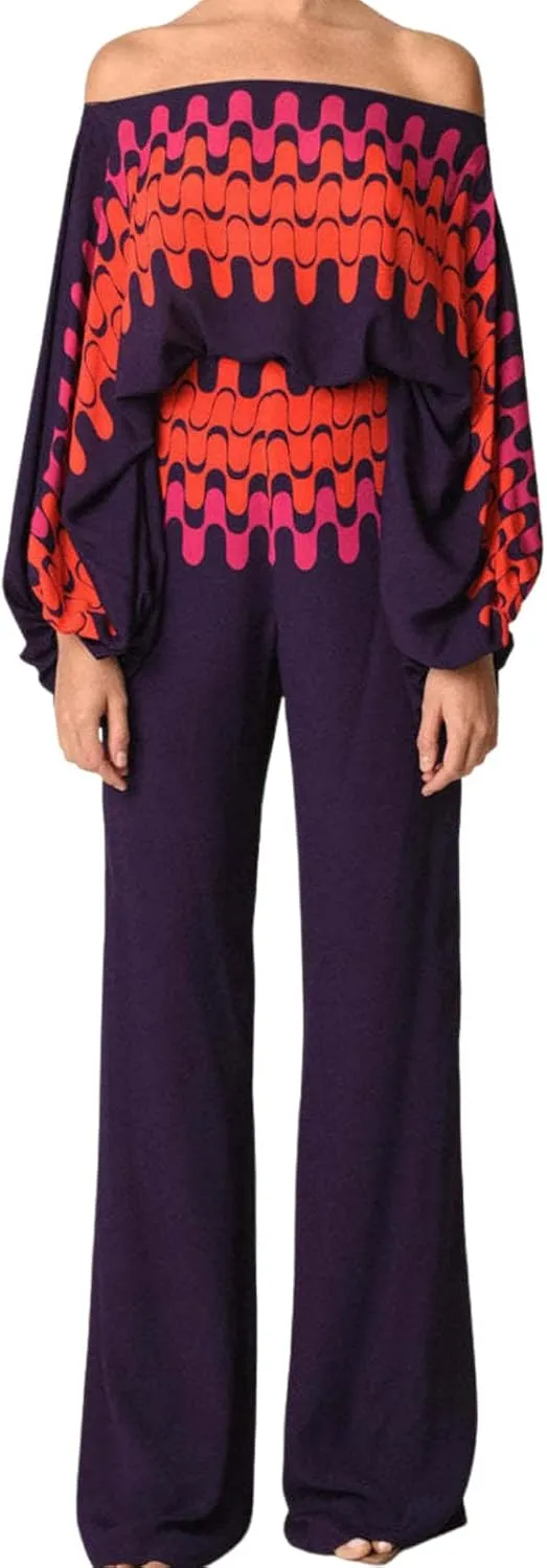 Womens Fall Loose 2 Piece Outfits Off Shoulder Printed Long Sleeve Casual Going Out Wide Leg Pants Set