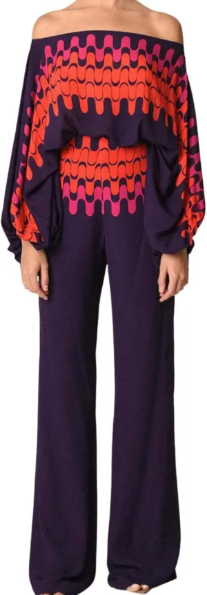 Womens Fall Loose 2 Piece Outfits Off Shoulder Printed Long Sleeve Casual Going Out Wide Leg Pants Set