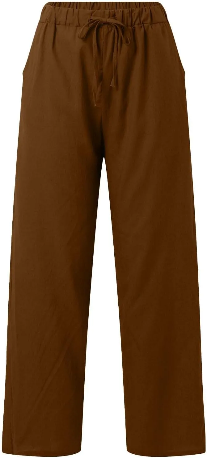 Womens Linen Summer Capri Pants Casual Drawstring Elastic Trousers Comfy Straight Leg Long Pants with Pockets Flowy