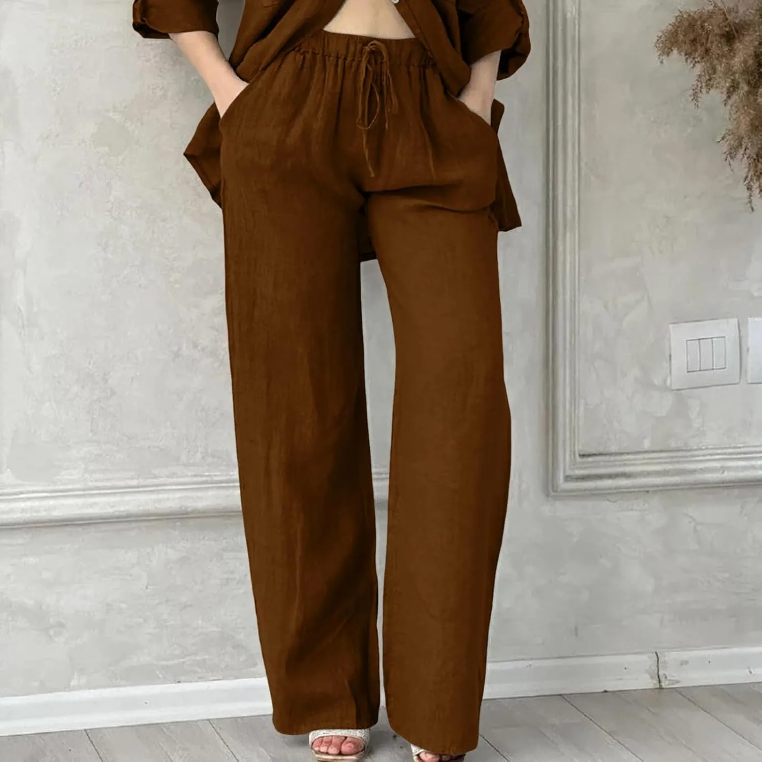 Womens Linen Summer Capri Pants Casual Drawstring Elastic Trousers Comfy Straight Leg Long Pants with Pockets Flowy