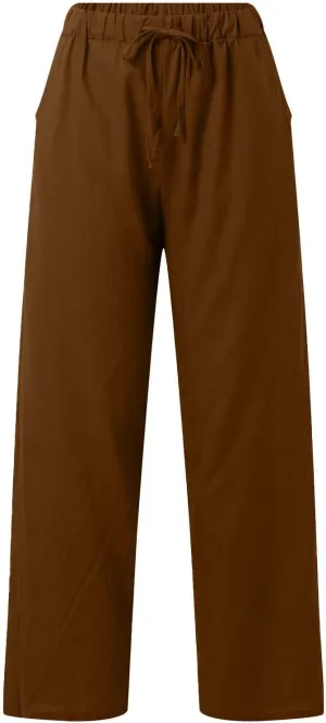 Womens Linen Summer Capri Pants Casual Drawstring Elastic Trousers Comfy Straight Leg Long Pants with Pockets Flowy
