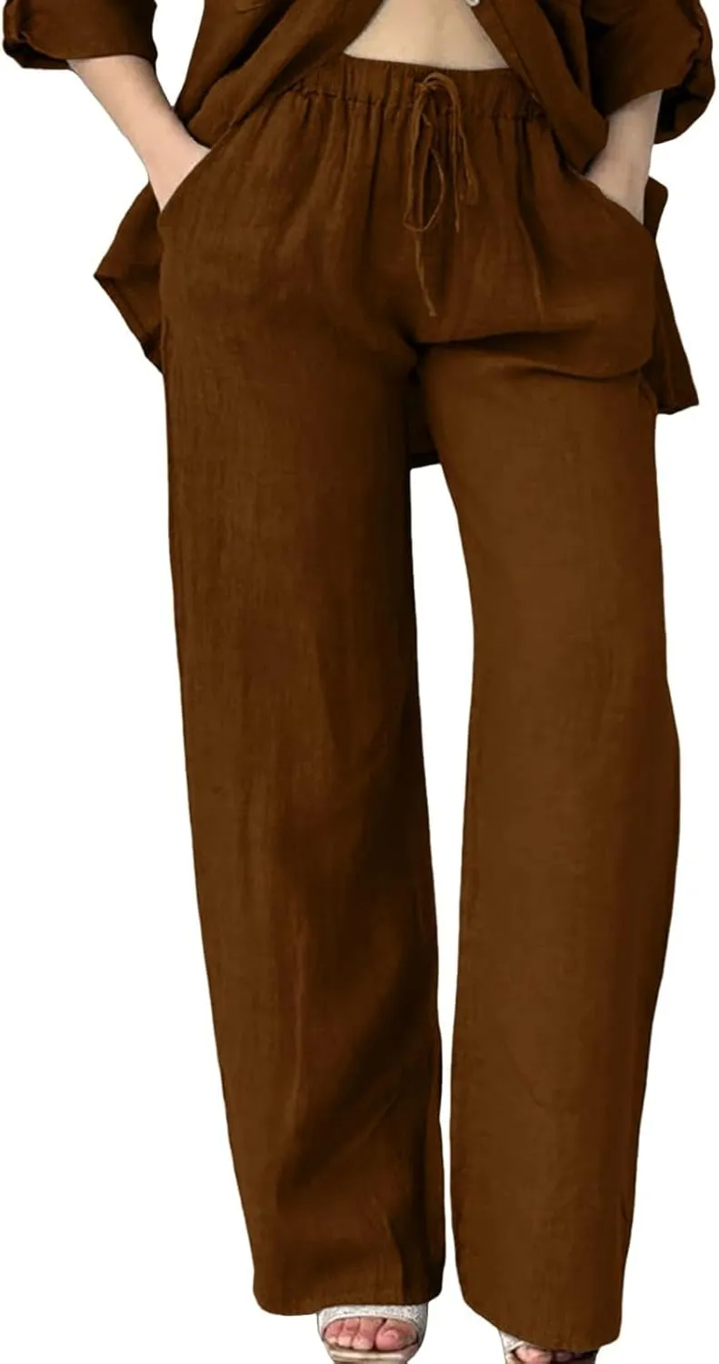 Womens Linen Summer Capri Pants Casual Drawstring Elastic Trousers Comfy Straight Leg Long Pants with Pockets Flowy