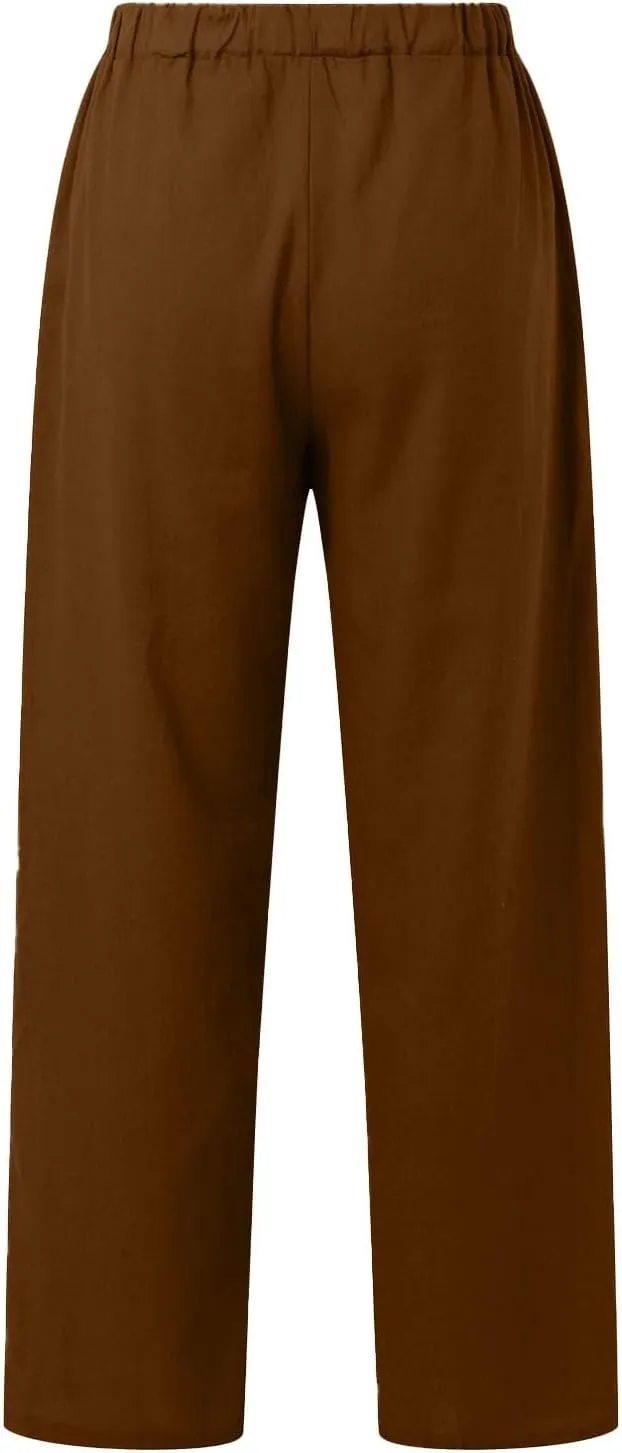 Womens Linen Summer Capri Pants Casual Drawstring Elastic Trousers Comfy Straight Leg Long Pants with Pockets Flowy