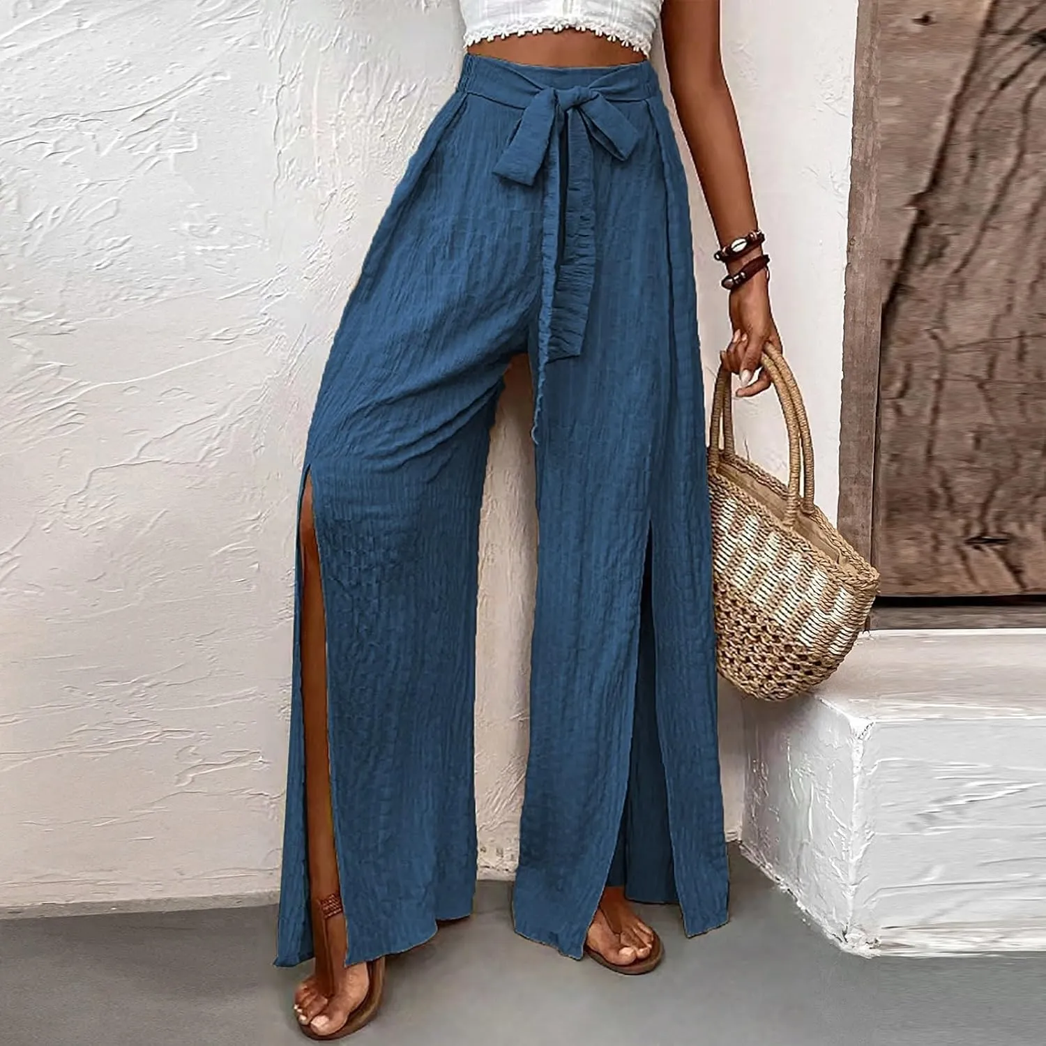 Women's Linen Wide Leg Pants High Waist Casual Long Lounge Adjustable Tie Business Casual Tie Knot Trousers Plus Size