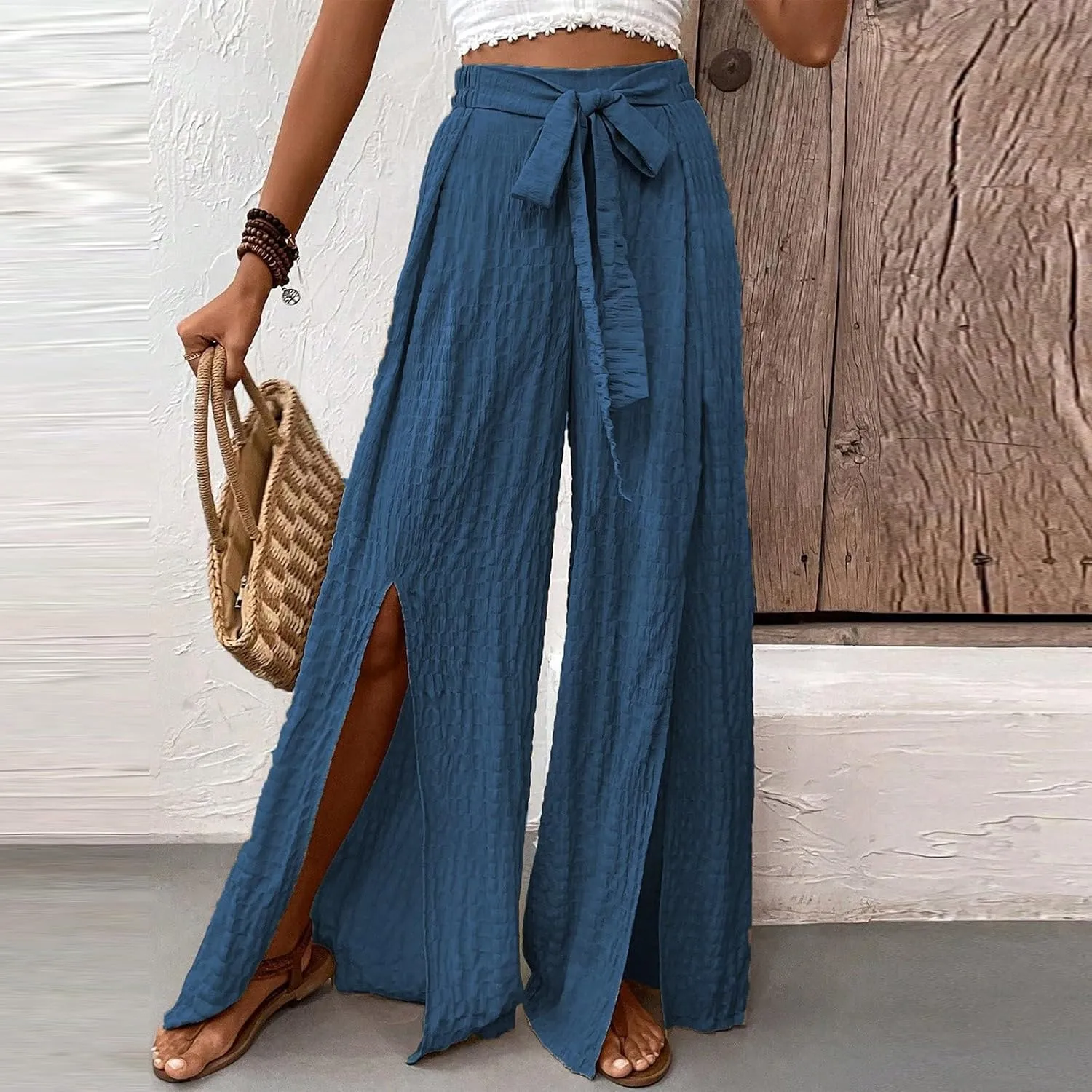 Women's Linen Wide Leg Pants High Waist Casual Long Lounge Adjustable Tie Business Casual Tie Knot Trousers Plus Size