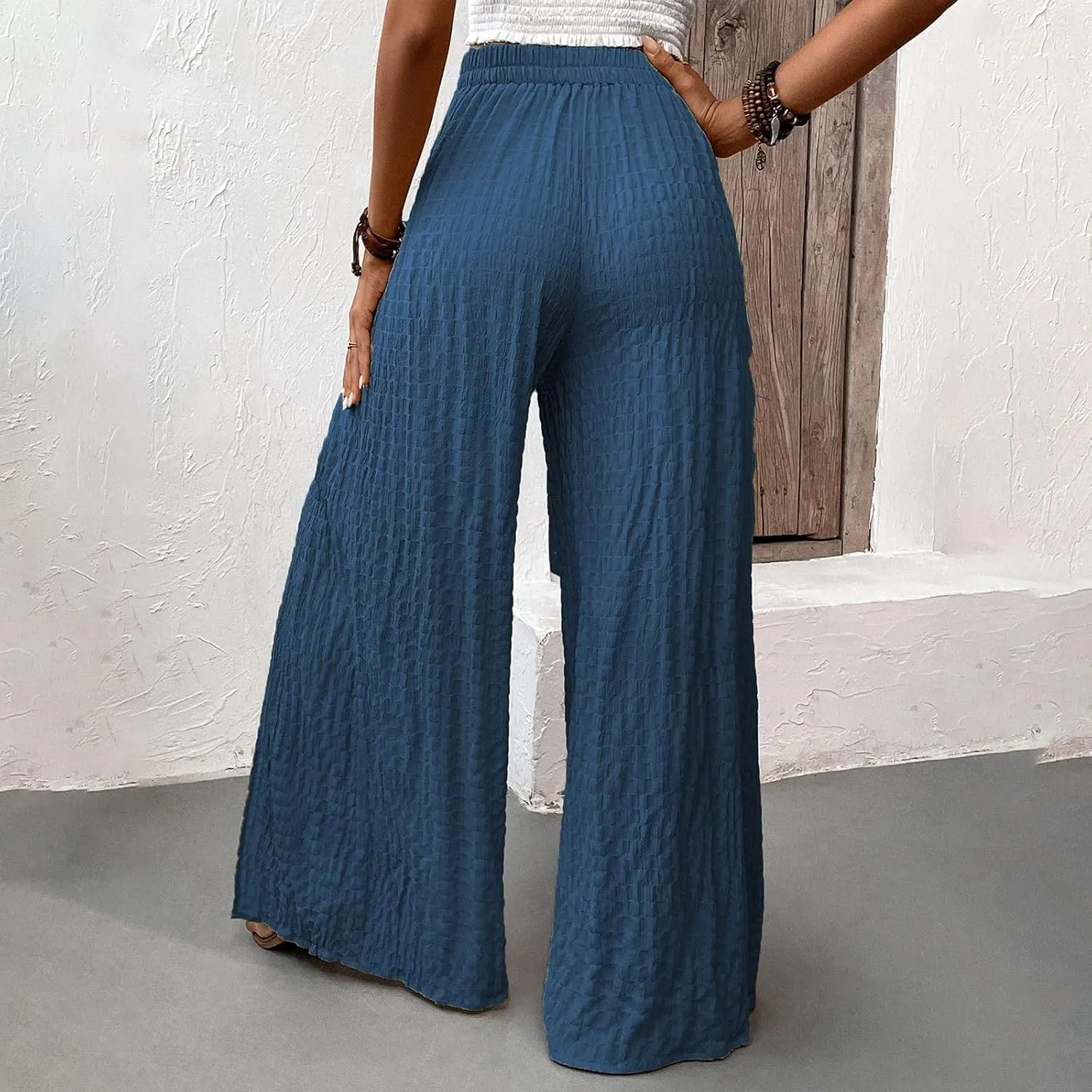 Women's Linen Wide Leg Pants High Waist Casual Long Lounge Adjustable Tie Business Casual Tie Knot Trousers Plus Size