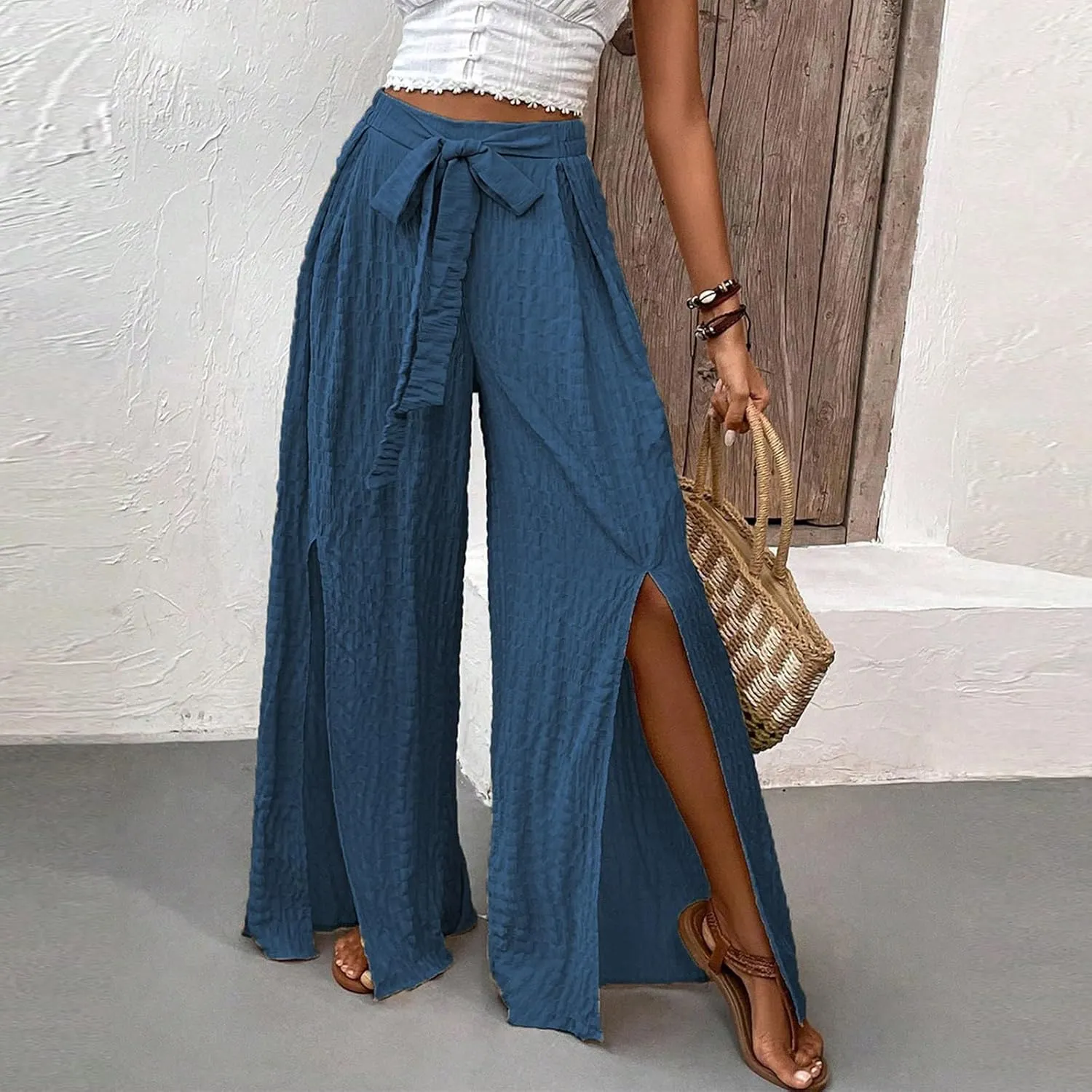 Women's Linen Wide Leg Pants High Waist Casual Long Lounge Adjustable Tie Business Casual Tie Knot Trousers Plus Size