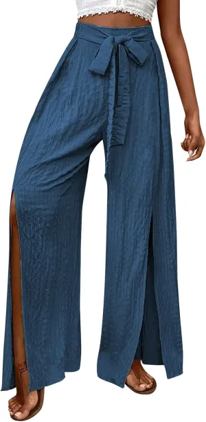 Women's Linen Wide Leg Pants High Waist Casual Long Lounge Adjustable Tie Business Casual Tie Knot Trousers Plus Size