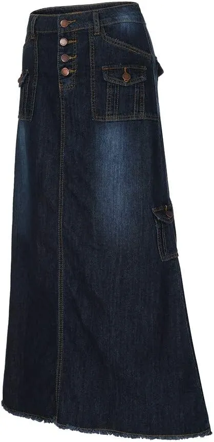 Women's Maxi Pencil Jean Skirt- High Waisted A-Line Long Denim Skirts for Ladies- Blue Button Pockets Jean Skirt