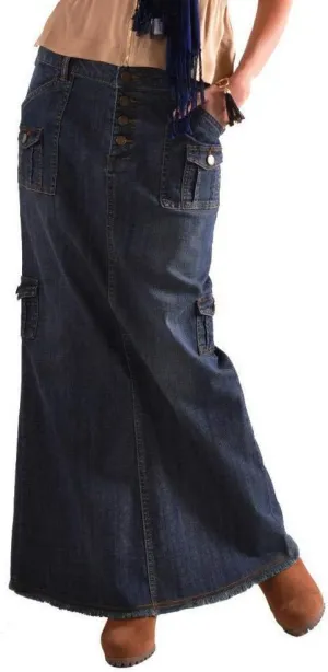 Women's Maxi Pencil Jean Skirt- High Waisted A-Line Long Denim Skirts for Ladies- Blue Button Pockets Jean Skirt