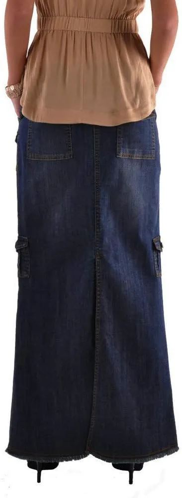 Women's Maxi Pencil Jean Skirt- High Waisted A-Line Long Denim Skirts for Ladies- Blue Button Pockets Jean Skirt