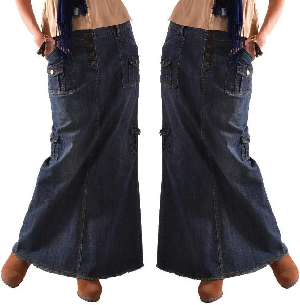 Women's Maxi Pencil Jean Skirt- High Waisted A-Line Long Denim Skirts for Ladies- Blue Button Pockets Jean Skirt