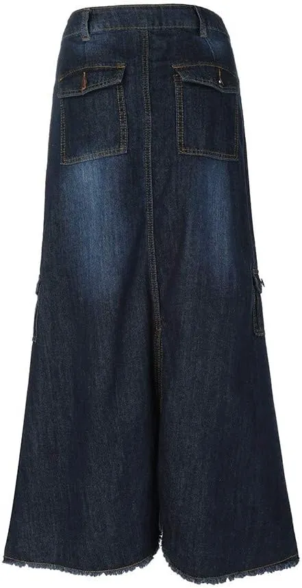 Women's Maxi Pencil Jean Skirt- High Waisted A-Line Long Denim Skirts for Ladies- Blue Button Pockets Jean Skirt