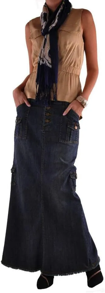 Women's Maxi Pencil Jean Skirt- High Waisted A-Line Long Denim Skirts for Ladies- Blue Button Pockets Jean Skirt
