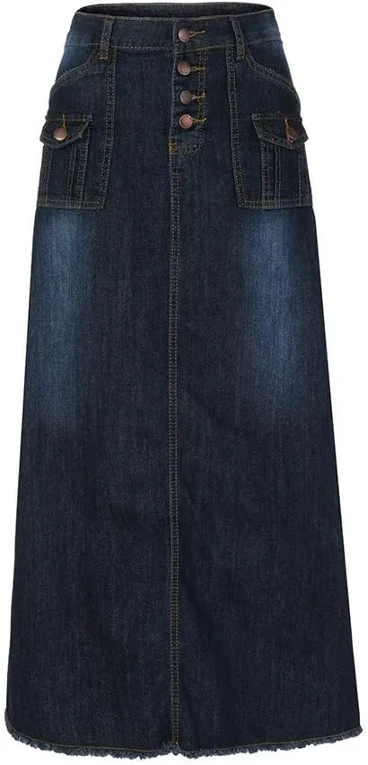 Women's Maxi Pencil Jean Skirt- High Waisted A-Line Long Denim Skirts for Ladies- Blue Button Pockets Jean Skirt