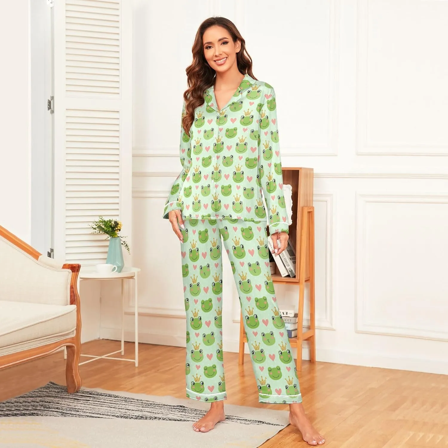 Women's Pajama Set Long Sleeve Sleepwear for Women 2 Piece Soft Satin Pjs Lounge Sets with Pockets S-XXL