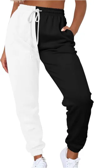 Women's Sweatpants Color Block Patchwork Trouser Elastic High Waist Joggers Baggy Pants with Multi-Pockets