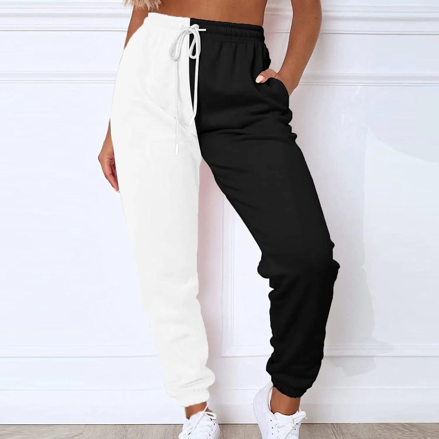 Women's Sweatpants Color Block Patchwork Trouser Elastic High Waist Joggers Baggy Pants with Multi-Pockets