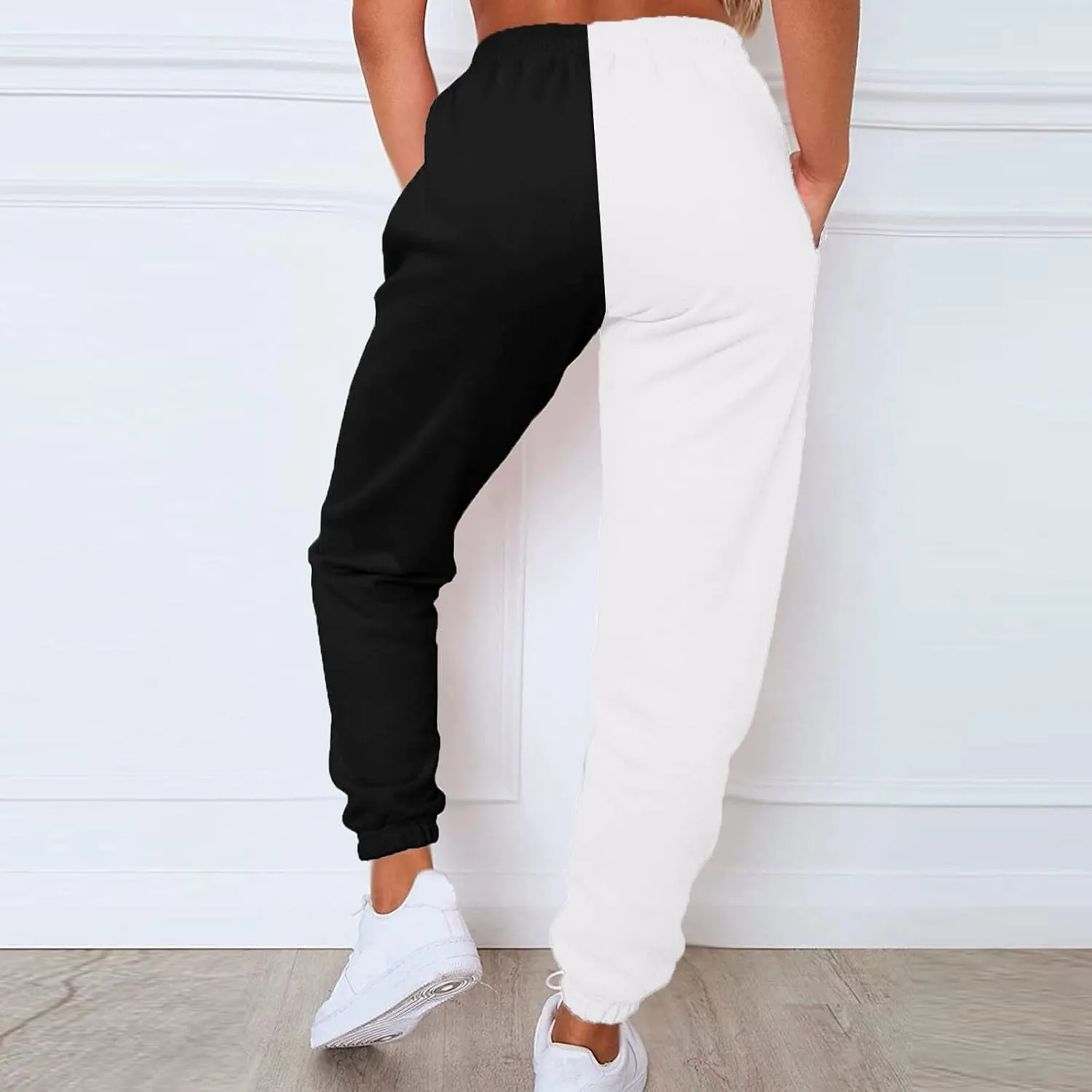Women's Sweatpants Color Block Patchwork Trouser Elastic High Waist Joggers Baggy Pants with Multi-Pockets